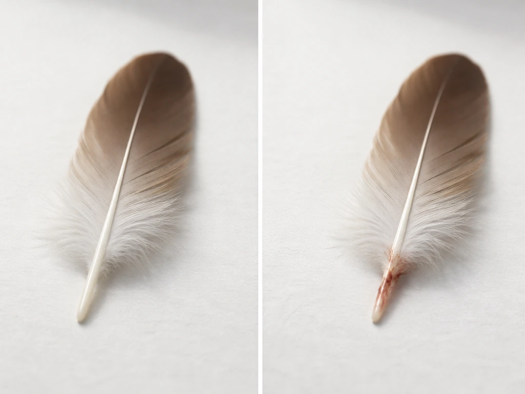Close-up of a feather showing intact shaft texture and subtle dark blood-like spotting near the base.
