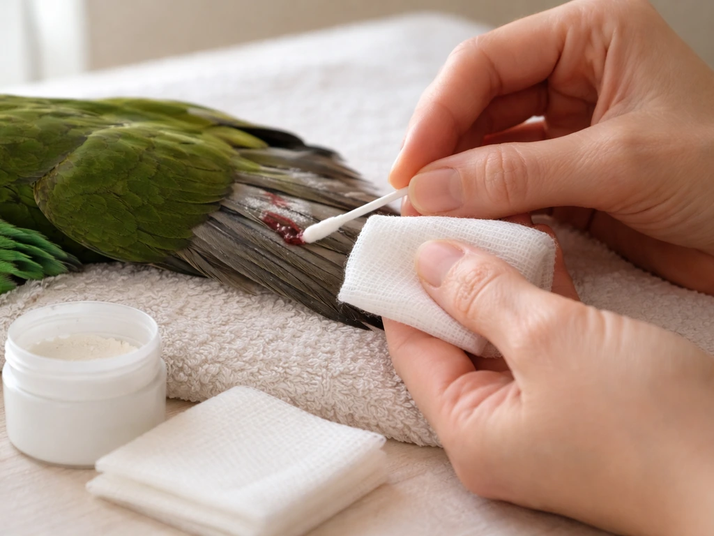 Hands applying styptic gel to a bleeding broken feather on a pet’s wing, gentle direct pressure.