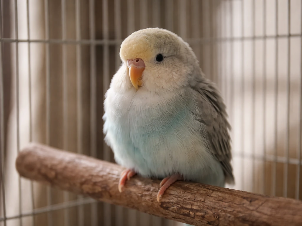 Calm close-up of a pet bird perched in its cage, softly lit and quiet, with the cage environment visible.