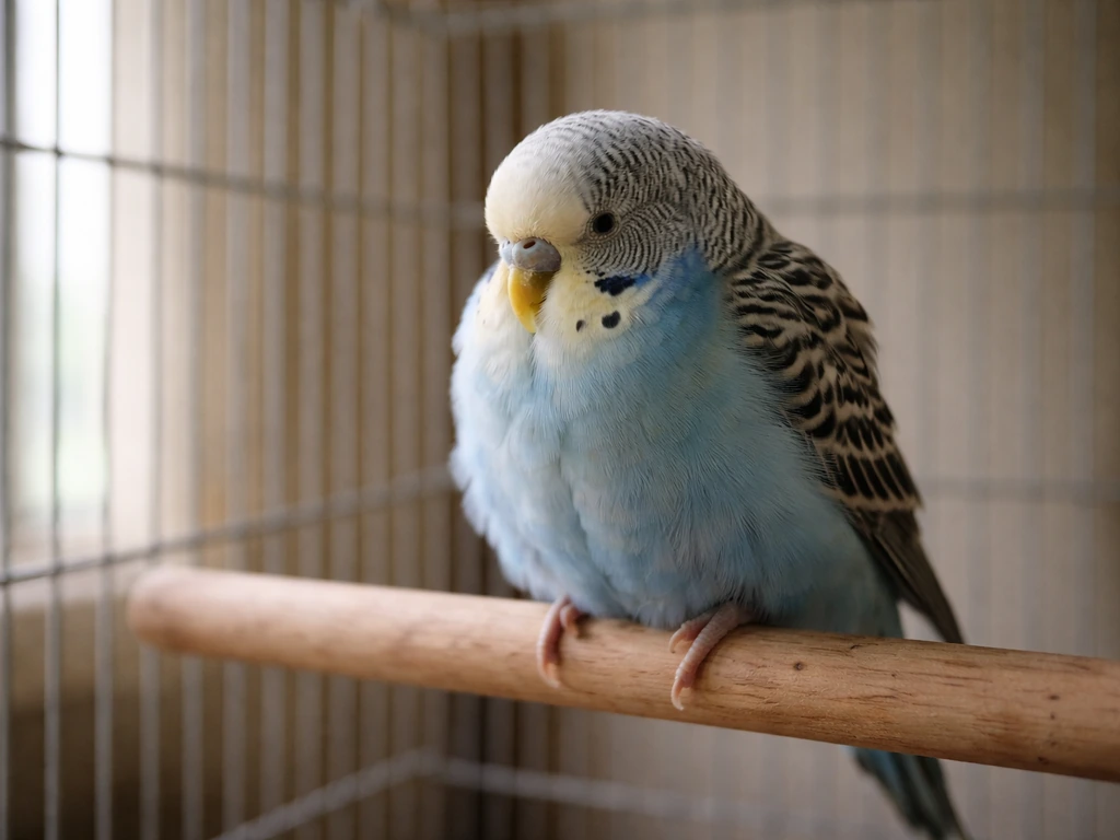 A pet bird fluffed up and still on a perch in a quiet, simple cage setting