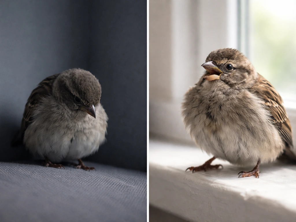 Split-scene photo of a small bird: hunched and drooped left, upright and alert right.