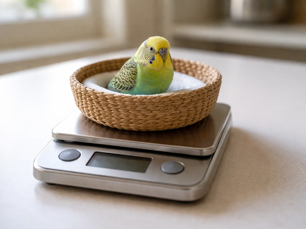 Close-up of a small digital kitchen scale with a bird safely weighed in a simple container.
