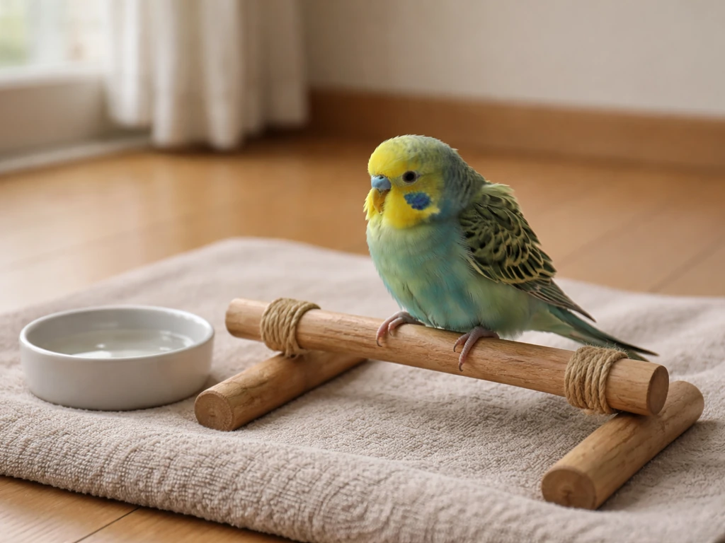 Small pet bird perched low indoors, alert but grounded, suggesting it can’t fly.