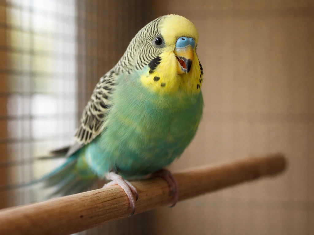 Close-up of a small pet bird perched, beak slightly open and tail bobbing as it struggles to breathe.