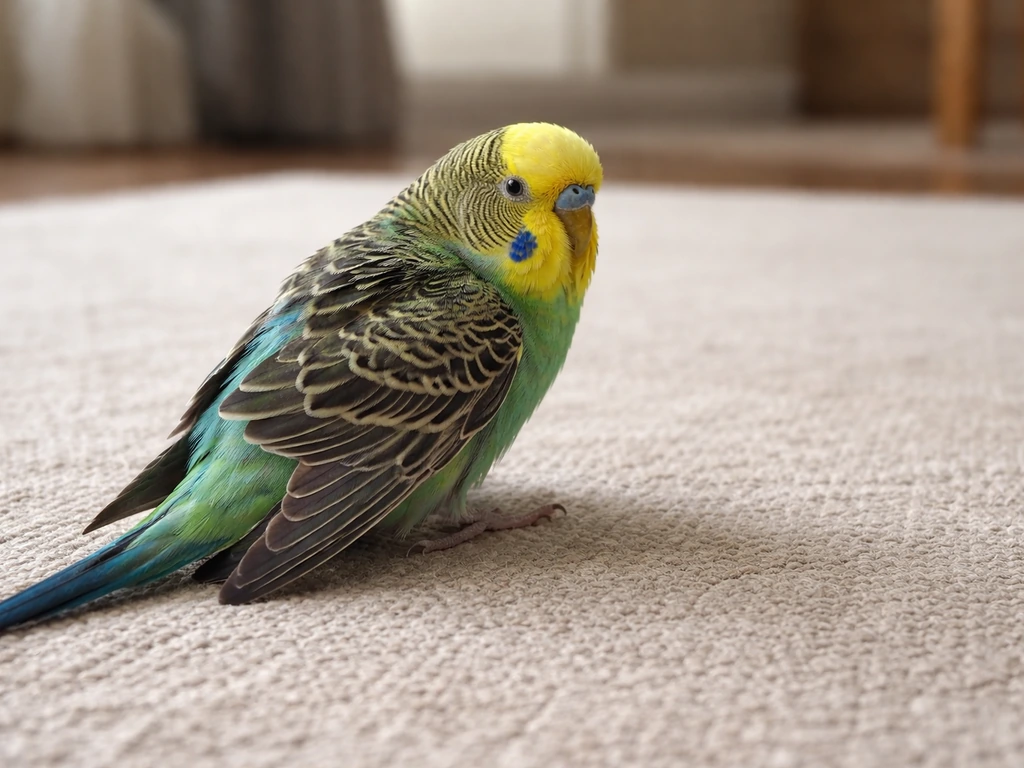A small pet bird perched while guarding an injured wing, posture showing it hurts.