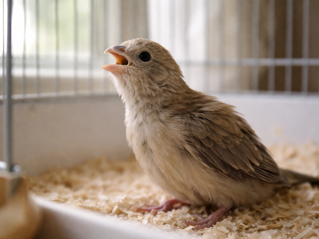 Small pet bird with neck extended, appearing to struggle for breath in a simple indoor setting.