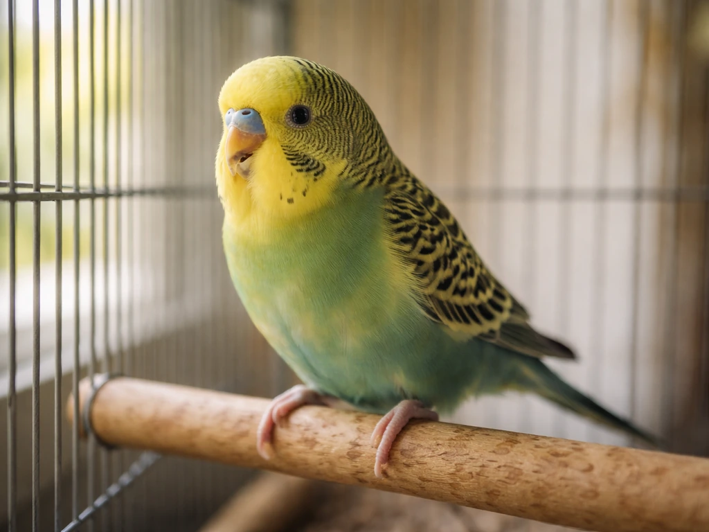 Close view of a small pet bird on a low perch in its cage, tail subtly bobbing and beak slightly open.