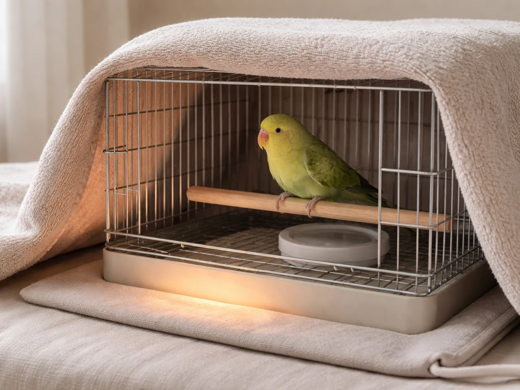 A small pet bird resting in a partially covered cage with a safely placed low heat pad nearby.