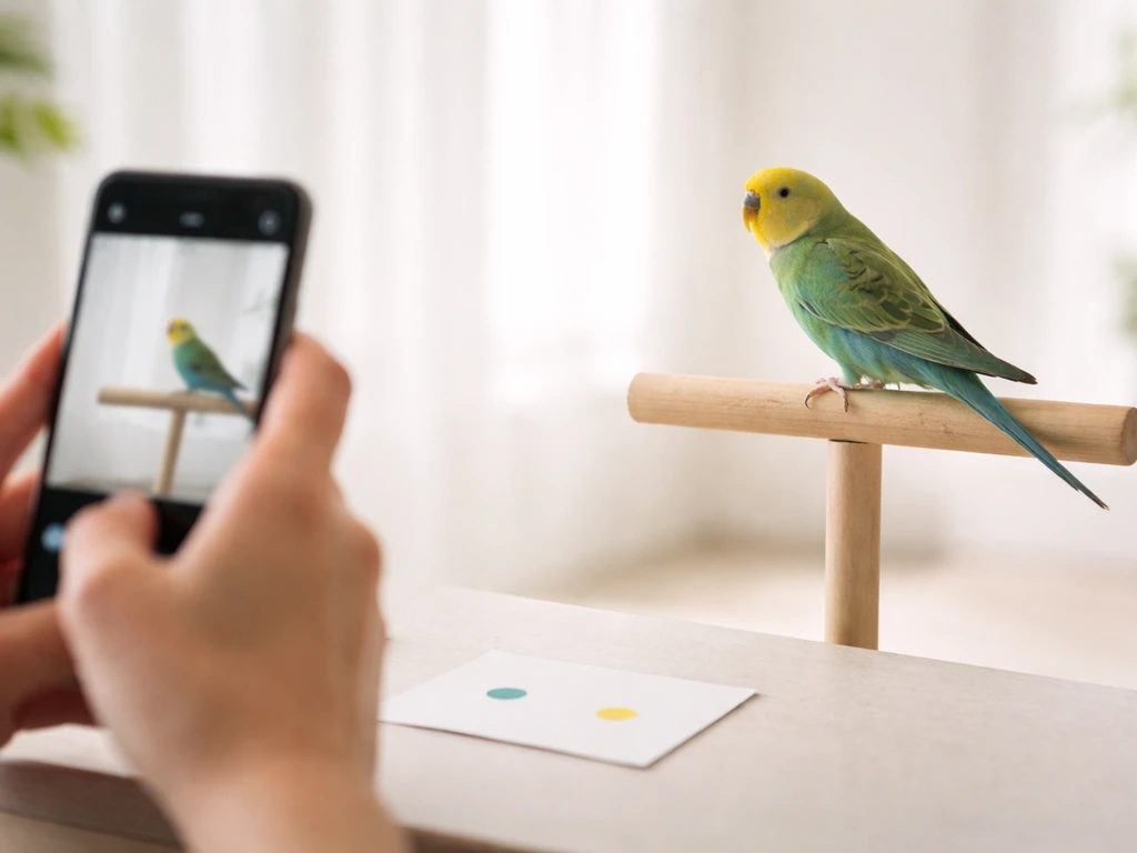 Pet bird perched indoors while a caretaker observes from a short distance with a smartphone nearby.