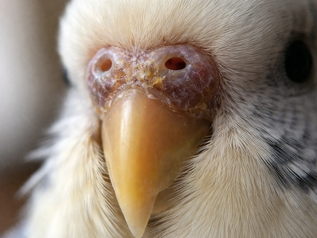 Close-up of a bird’s beak and nostrils with visible wet crusting discharge and slight color change.