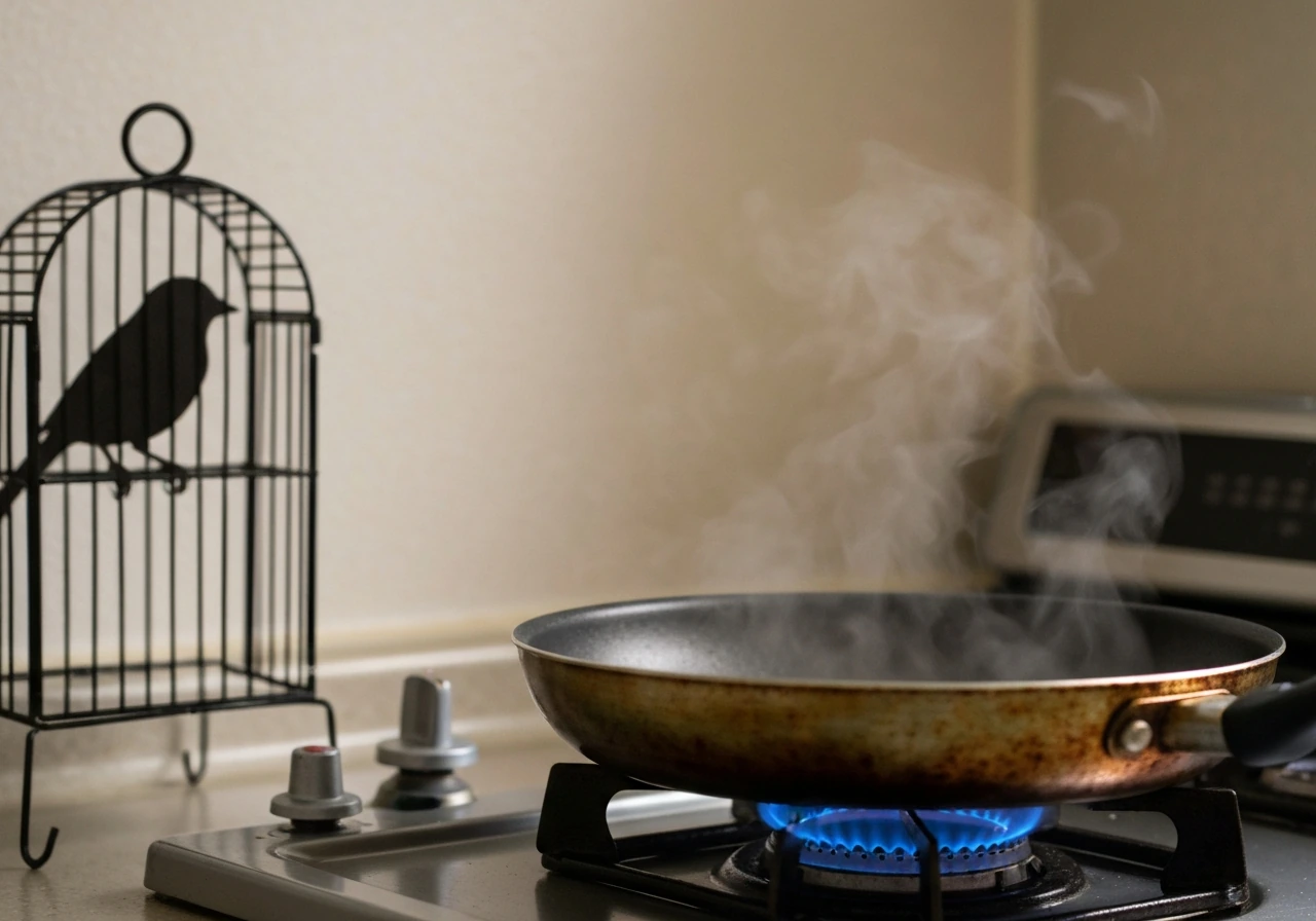 Frying pan heating with faint steam/fume, with a bird safely in the foreground nearby