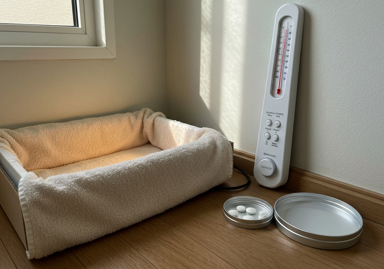 Warm, draft-free recovery setup for a small bird in a quiet room corner, with meds omitted.