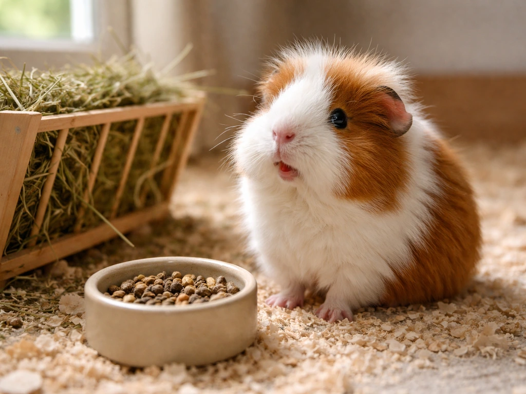 An attentive guinea pig near a hay rack and food bowl during feeding, captured mid-chirp.