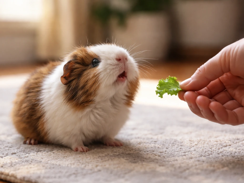 Brown-and-white guinea pig chirping during floor time, leaning toward an open hand with leafy greens