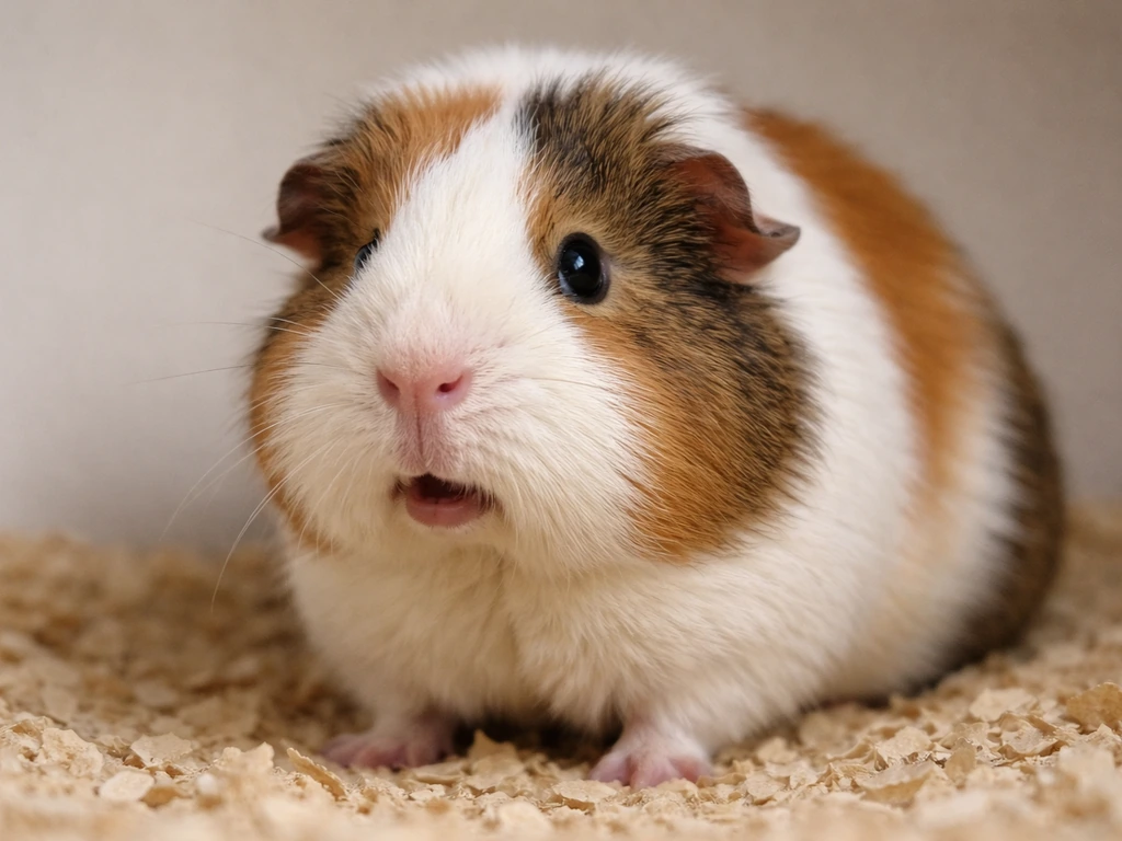 Close-up of a guinea pig with noisy-breathing signs, mouth and nose moving, alert uncomfortable posture.