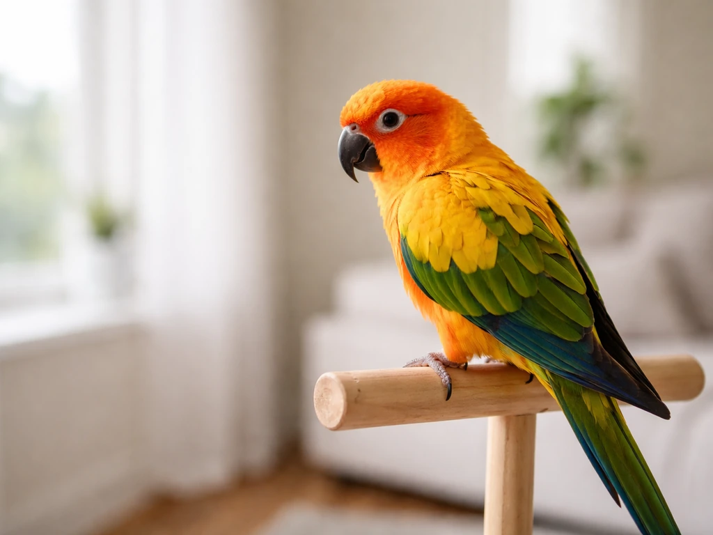 Pet bird perched near its owner, turned away seeking space in a calm, quiet room.