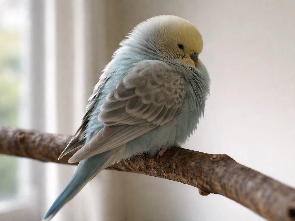 Close-up side view of a pet bird calmly turning away and settling into a relaxed rest posture.