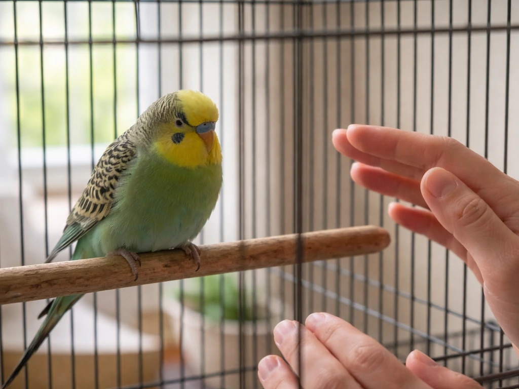 A caregiver’s hands hover by a small pet bird in a cage during a gentle health observation check.