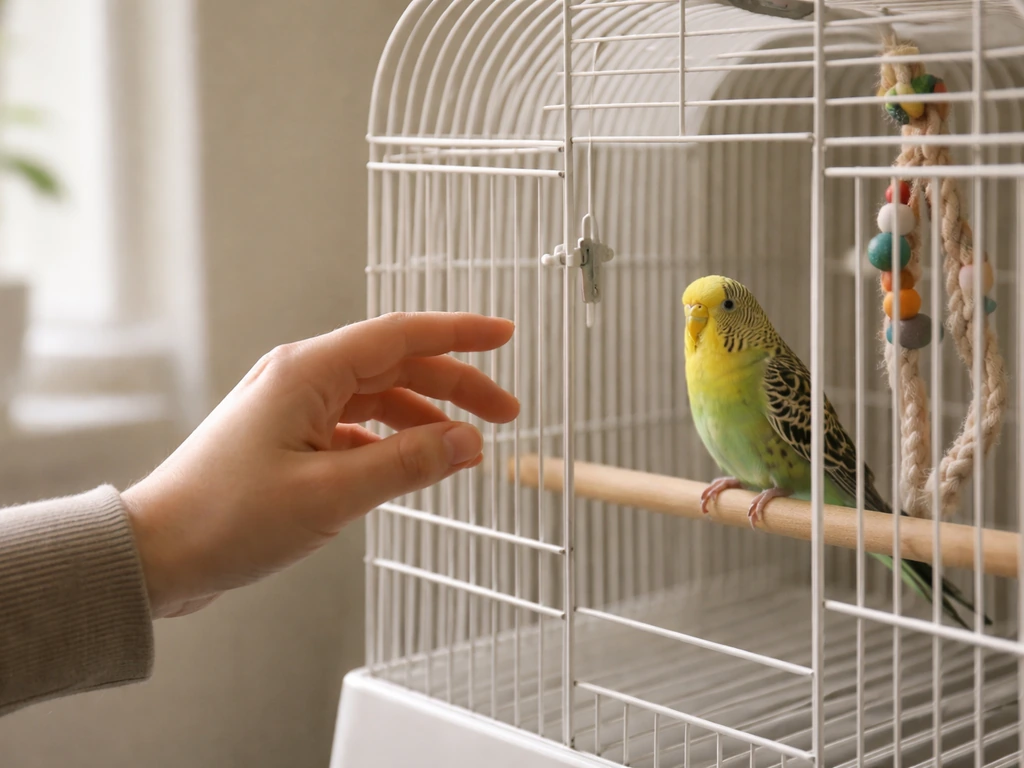 Owner’s hand approaches a small bird cage from the side while the bird stays calm.