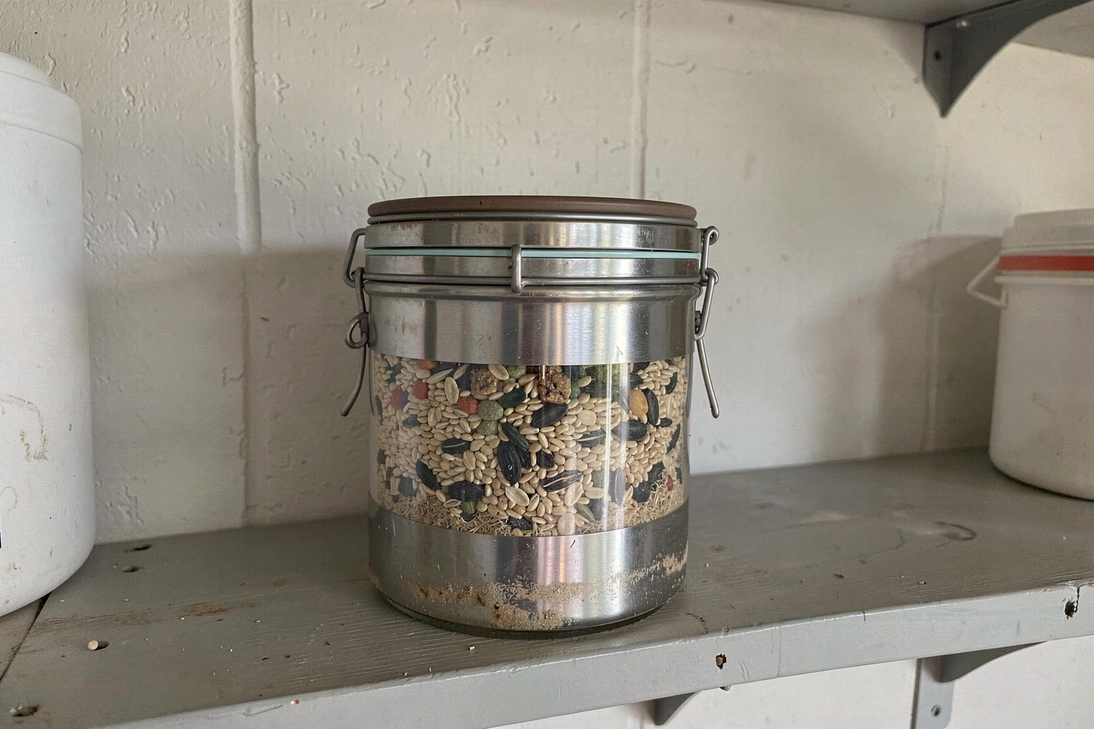 A sealed metal container with a locking lid holding bird seed, placed on a garage shelf away from the wall