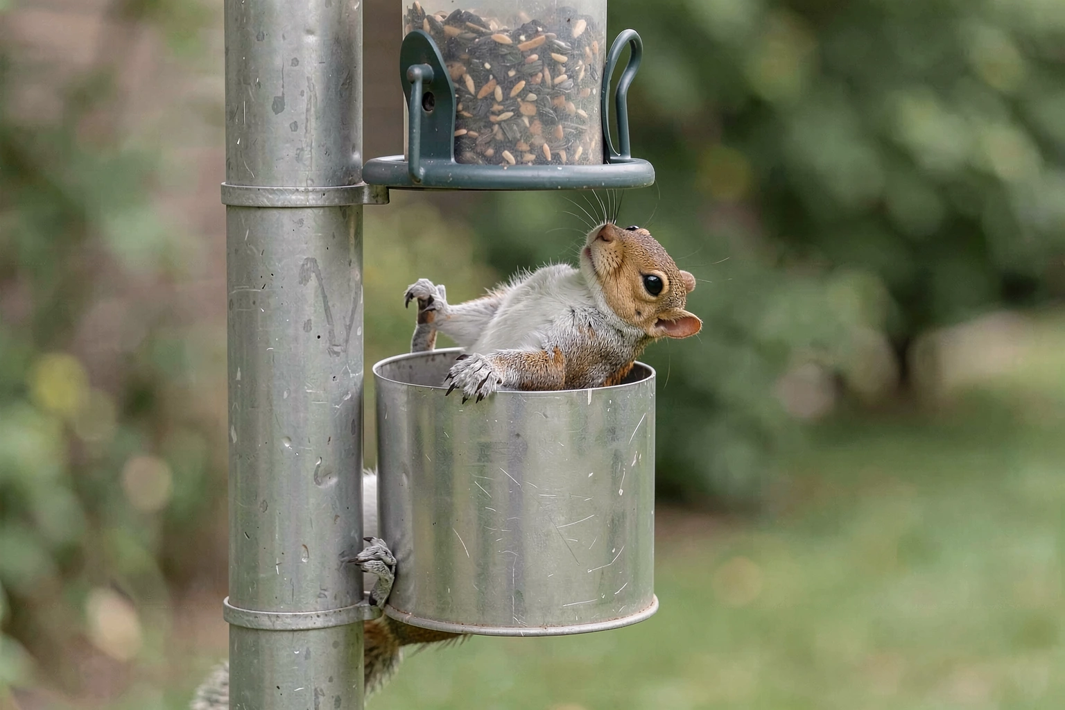 A cylindrical metal baffle mounted on a feeder pole below a tube bird feeder, blocking a squirrel attempting to climb up