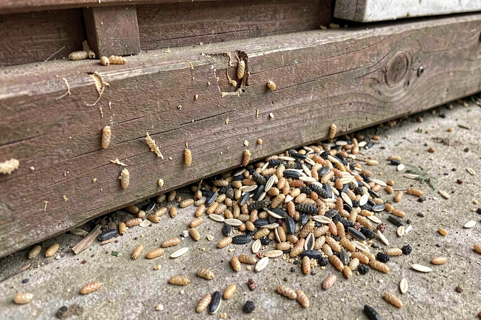 Mouse droppings and gnaw marks on a wooden shed baseboard near a spilled pile of bird seed
