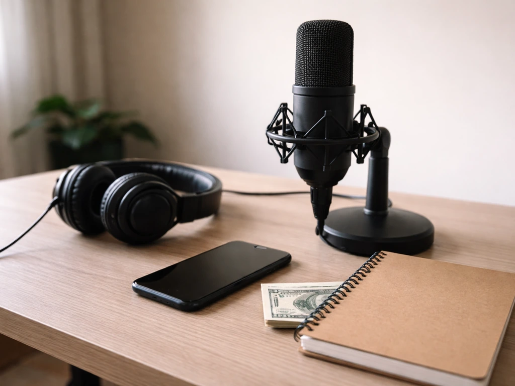 Anonymous creator’s desk with microphone, headphones, and subtle money symbolism in natural light