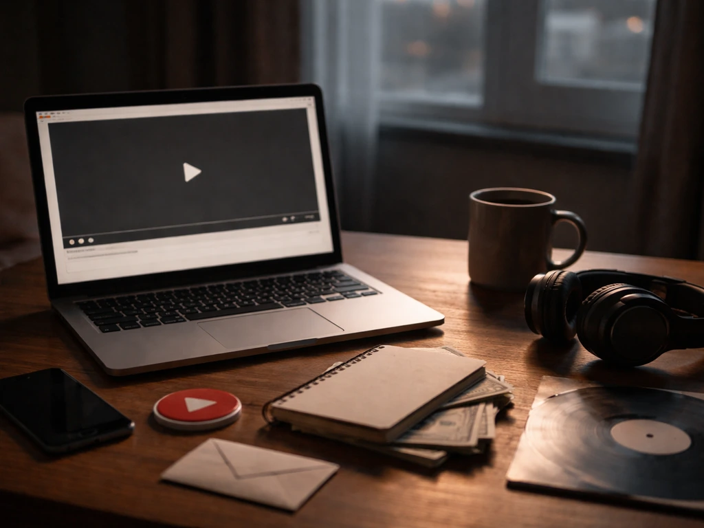Minimal studio desk scene with laptop, cash, headphones, and media-themed props suggesting multiple income sources.