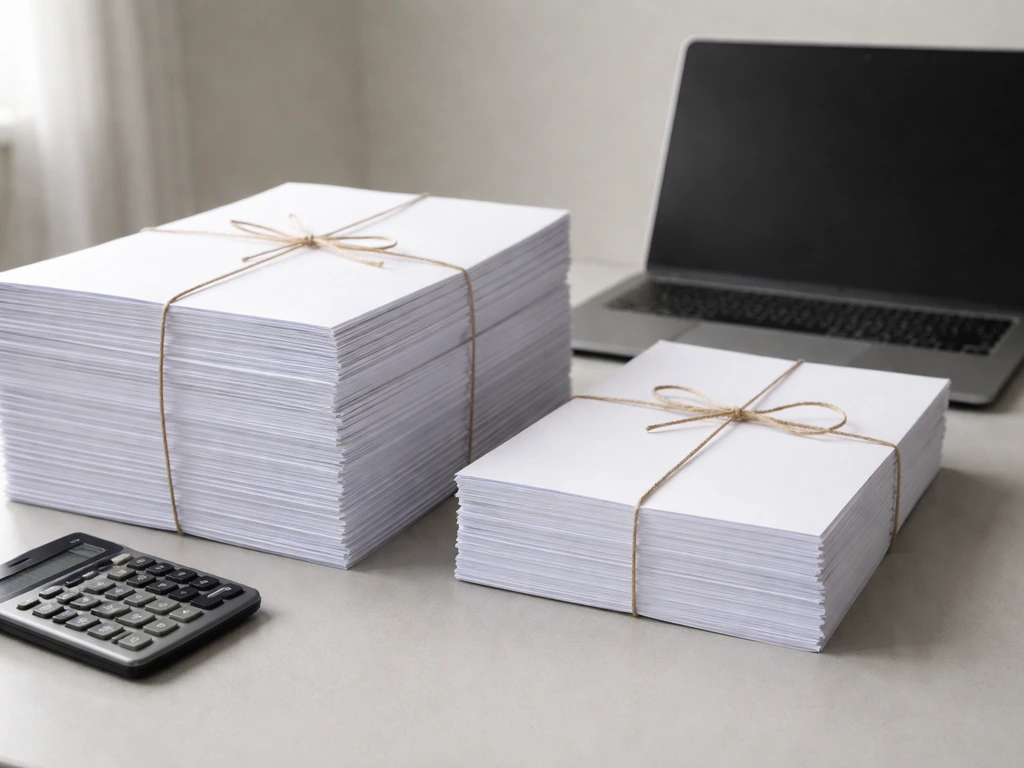 Two different stacks of papers, calculator, and laptop on a desk showing contrasting money estimates.