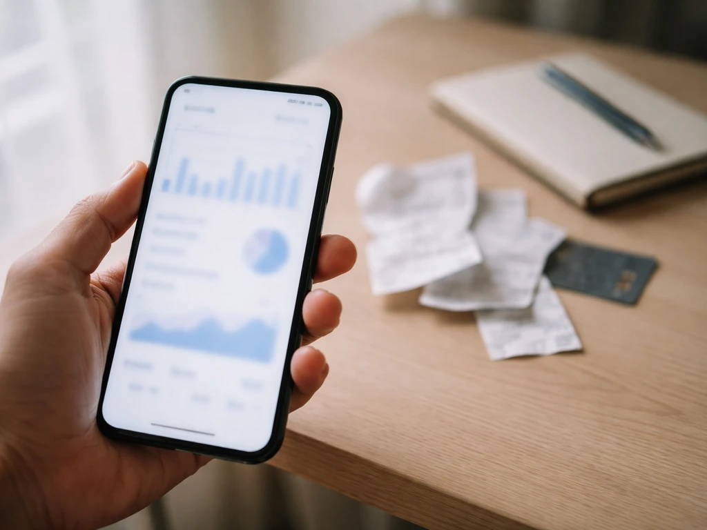 Hand holding smartphone with blurred social media analytics screens beside scattered cash receipts, for estimate verific