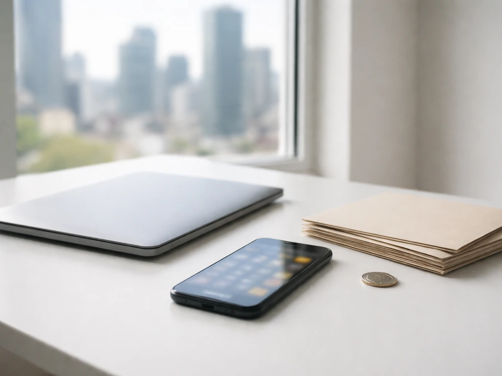 Minimal desk scene with laptop, smartphone with blurred calculator screen, papers, and a coin for company valuation.