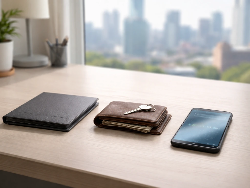 Minimal desk scene with three symbolic items representing company value, personal wealth, and estimates.