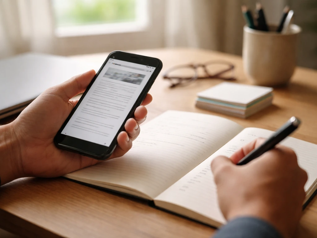 A person at a desk cross-checks a phone browser and a notebook with sources listed, no readable text.