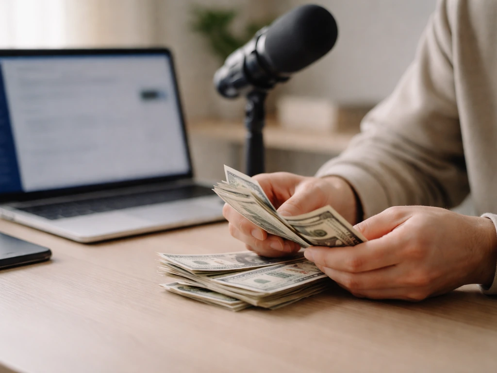 A founder-owned startup vibe: anonymous hands counting cash beside a laptop in a simple home office