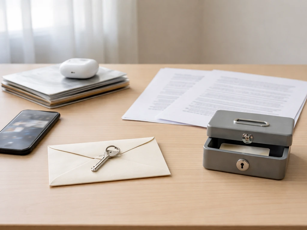 Desk scene with music media, a phone, and asset vs debt symbolism using envelopes and a locked box.