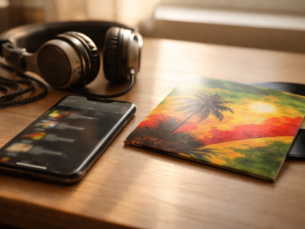 Close-up of a phone and headphones on a desk with blurred music library, warm light, and abstract music artwork.