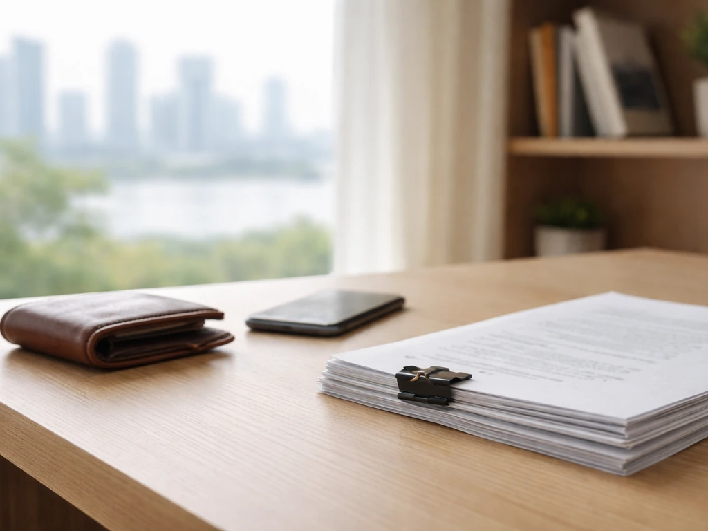 Minimal home office desk with wallet, documents, and blurred city view suggesting stored vs recurring value.