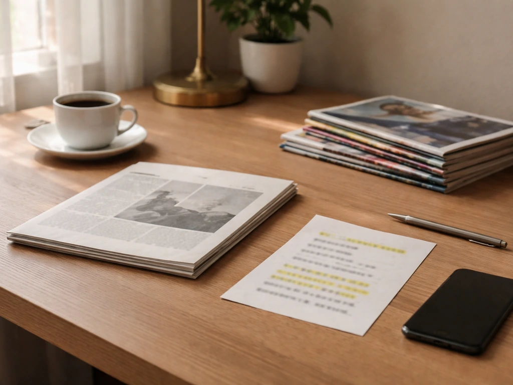 Minimal desk scene with financial magazines and a blurred highlighted paper suggesting a net worth estimate.