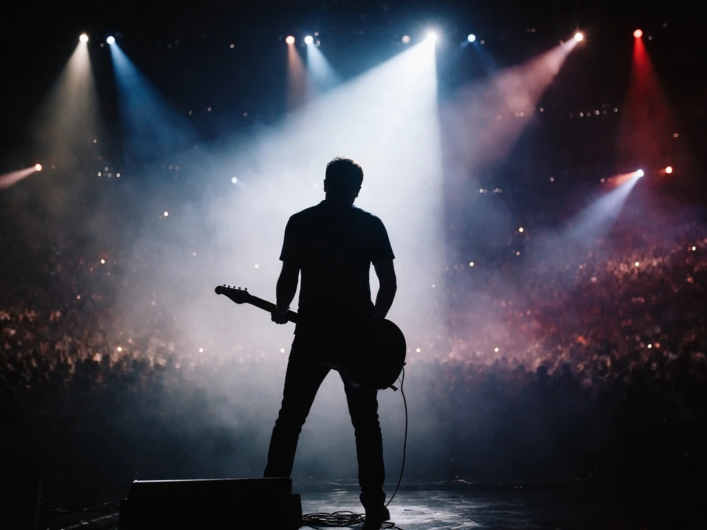 Anonymous guitarist silhouetted on an arena stage with colorful spotlights and soft crowd bokeh.