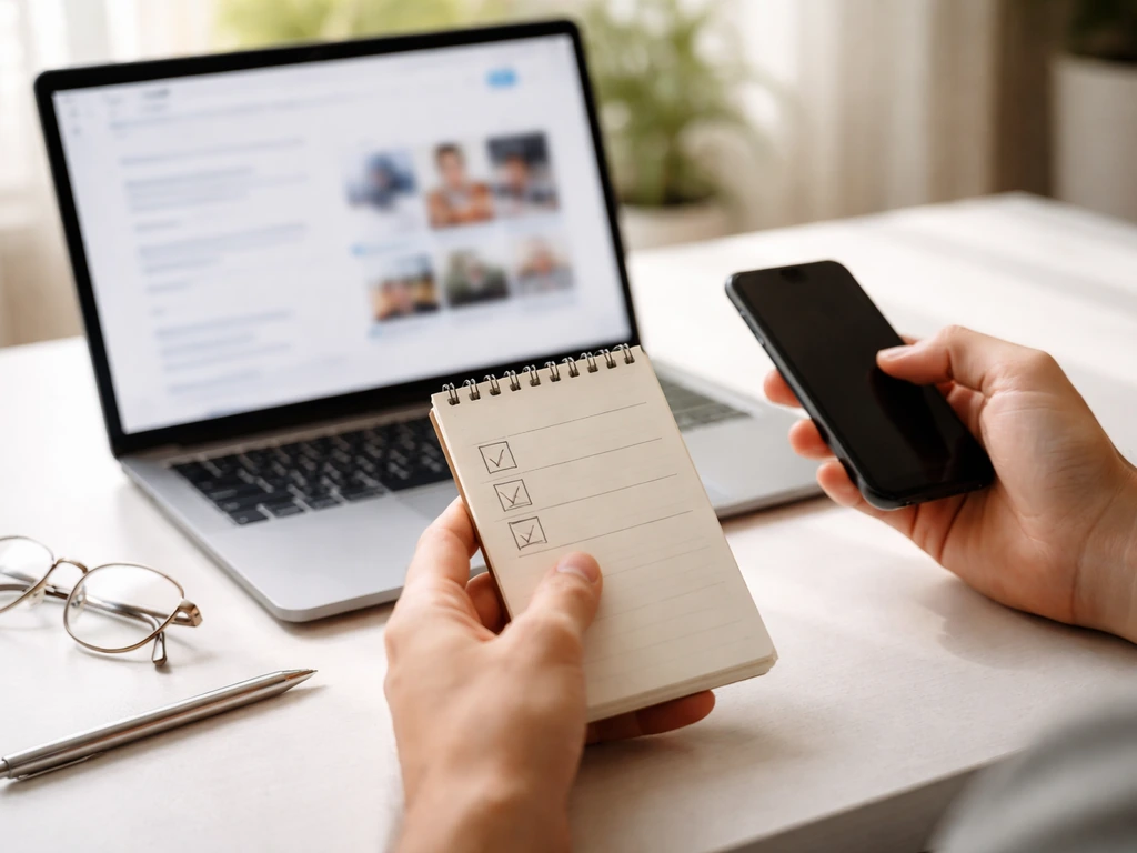 Hands verify on a laptop and notepad with checkboxes, blurred finance search page concept, no readable text.