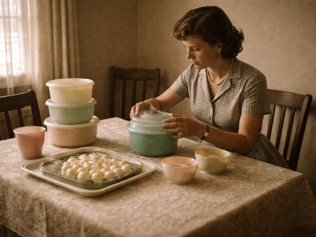 Archival-style photo of a vintage sales party scene with a Tupperware-like serving set on a table