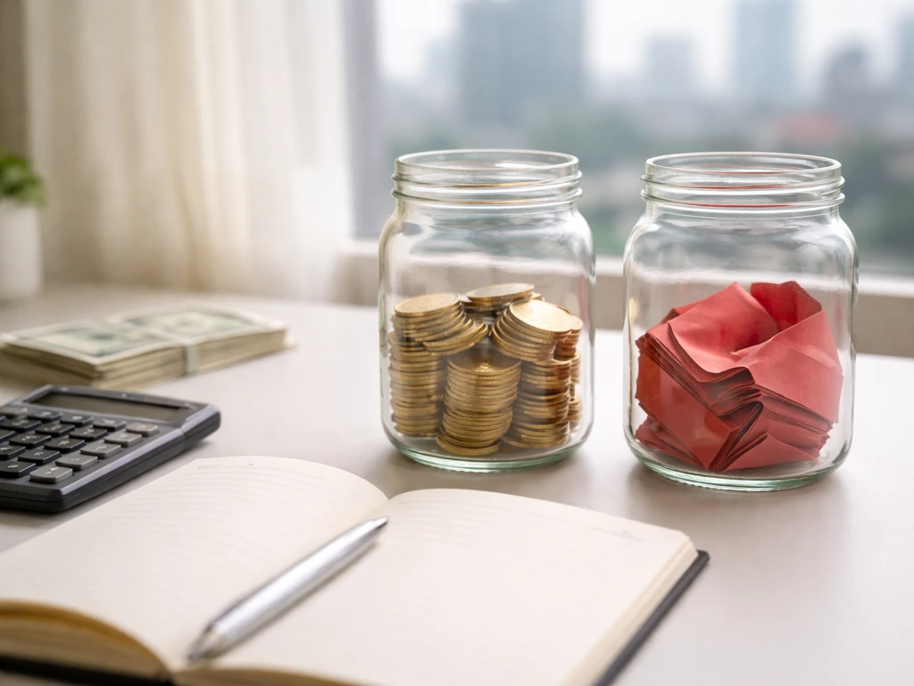 Minimal desk scene with calculator, bills, and two jars suggesting assets vs liabilities.