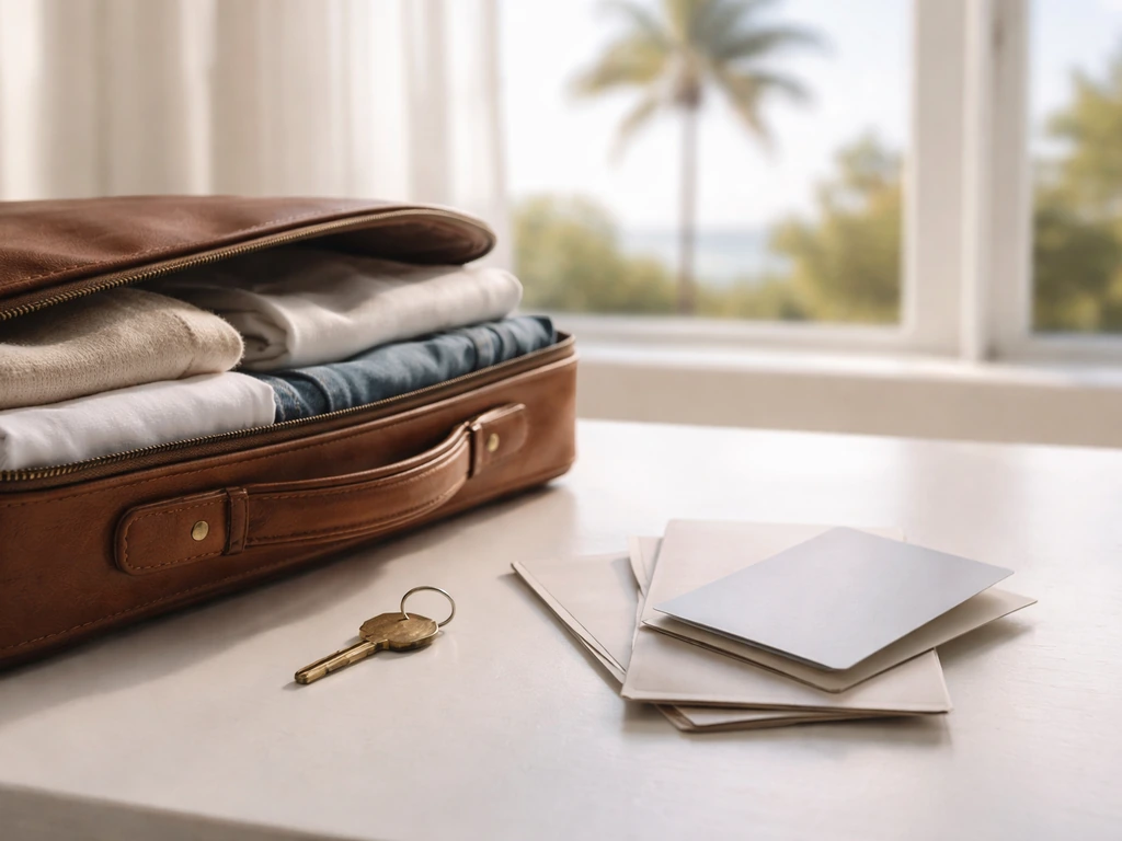 Minimal scene showing a suitcase, key, and travel documents on a bright table, suggesting lifestyle vs unverified assets