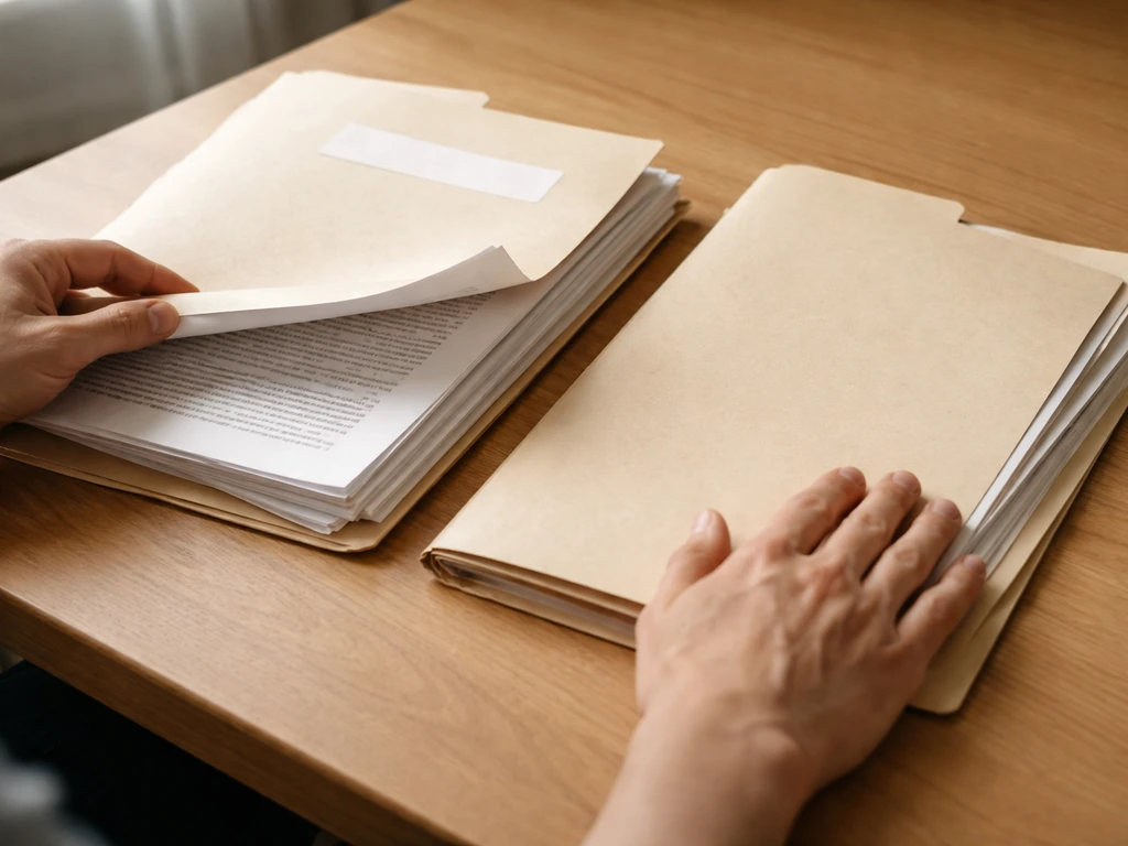 Hands comparing two document folders on a desk, symbolizing primary sources vs net-worth aggregators.