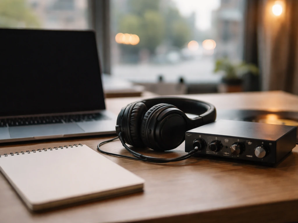 Minimal music production studio desk with headphones and audio gear, symbolizing the BloodPop stage name.