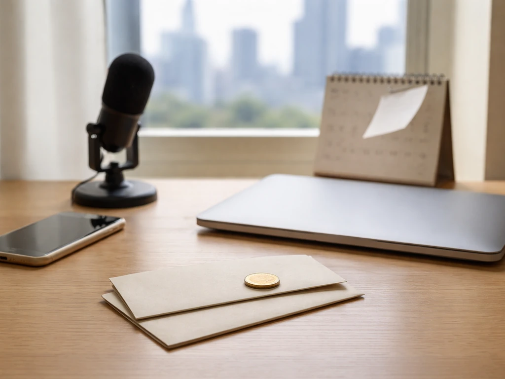 Minimal home office desk with microphone, phone, envelopes and a slightly flipped calendar page suggesting change