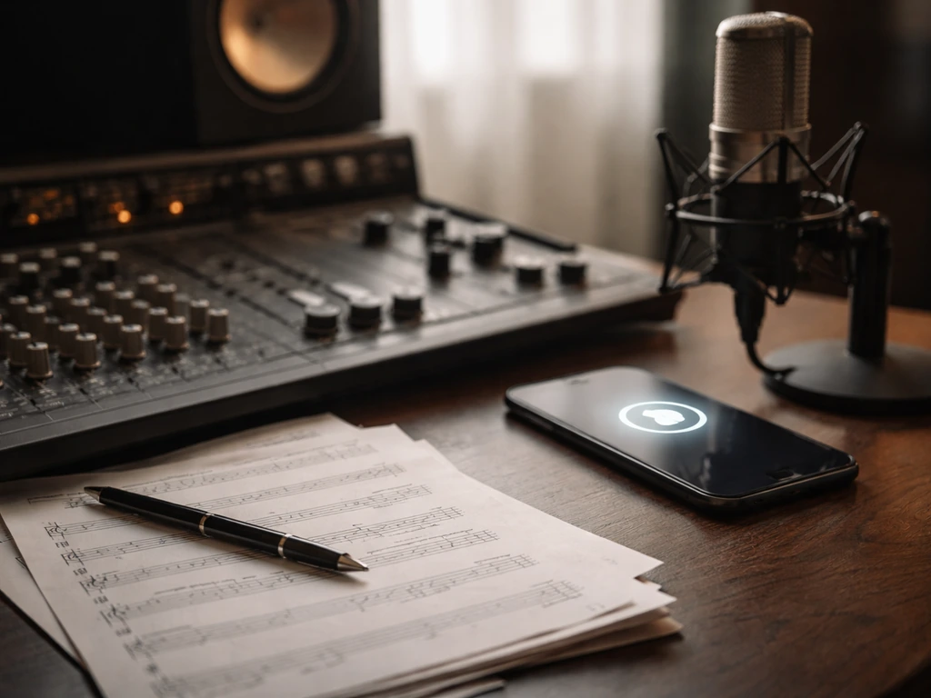 Close-up of music production gear beside blank sheet music and a phone with a generic streaming glow.