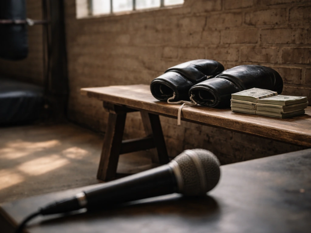 Empty boxing gym corner beside cash and a microphone, suggesting earnings and media visibility