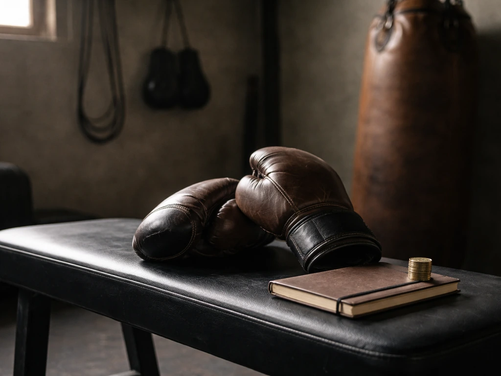 Unbranded boxing gloves and coin stack on a gym bench, symbolizing a current net worth estimate.