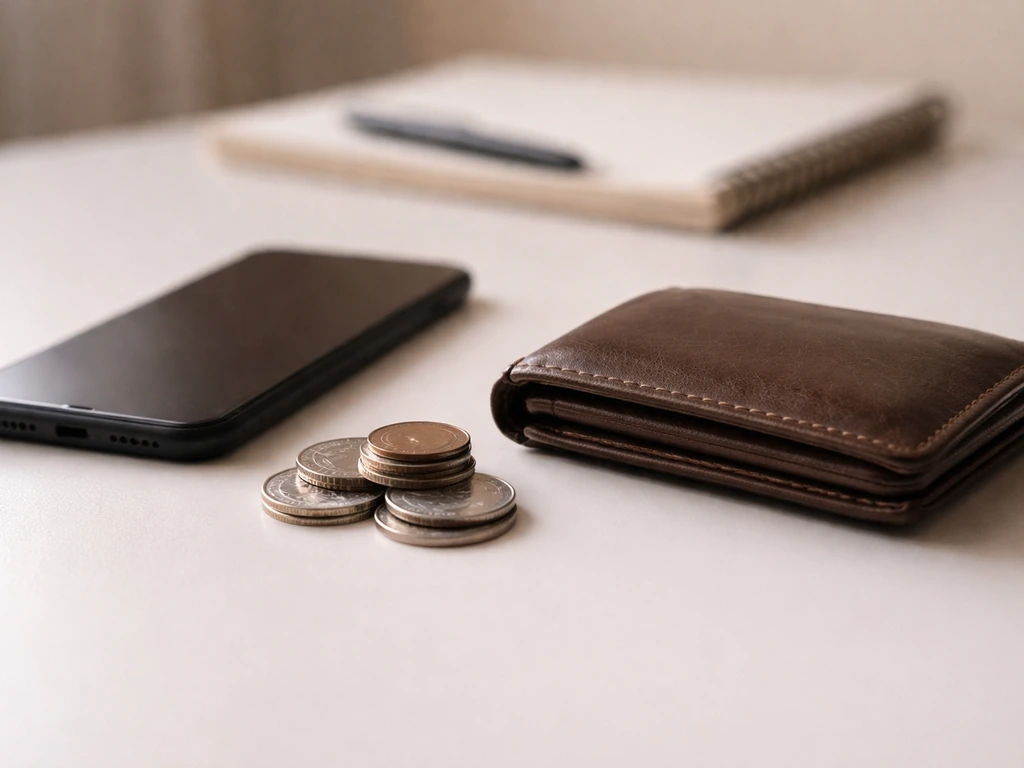 Minimal desk scene with a smartphone and neatly arranged coins, symbolizing wealth breakdown and income sources.